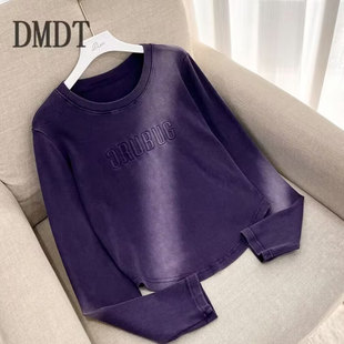 拓谷辣妹短款渐变紫长袖t恤女秋冬新款修身显瘦百搭打底衫上衣潮