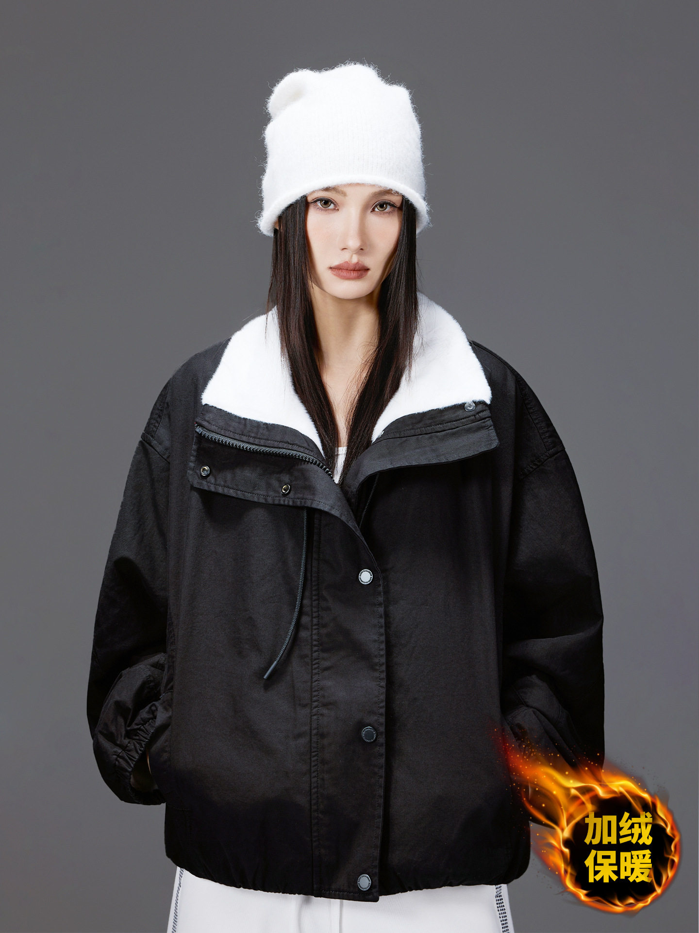 拓谷美式黑色加绒加厚外套女款冬装派克服潮牌短款翻领夹克上衣女