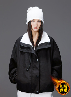 拓谷美式黑色加绒加厚外套女款冬装派克服潮牌短款翻领夹克上衣女