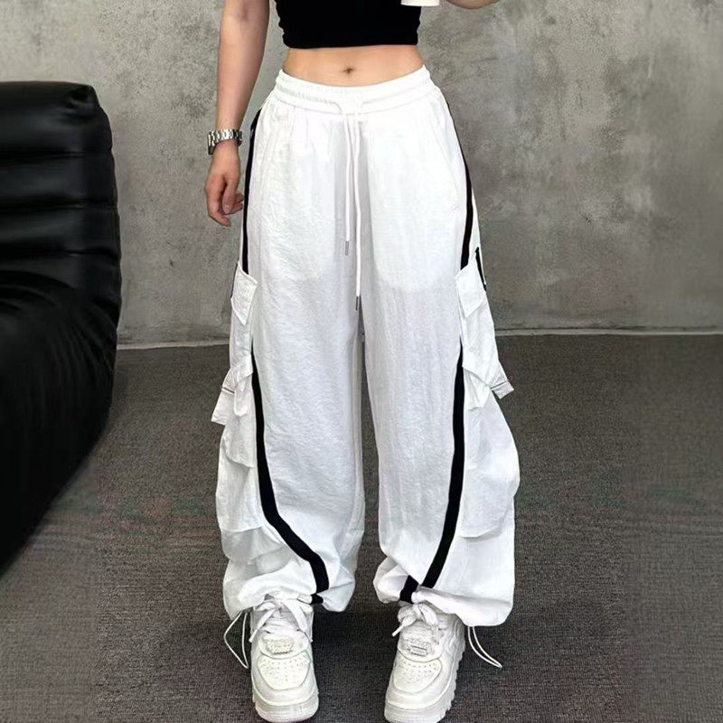 美式设计感爆款工装阔腿裤女2026夏季薄款果绿色系带休闲运动裤潮