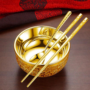 金碗999a纯金熟金筷子食用勺三件套足金餐具实心防滑金筷子金耳勺