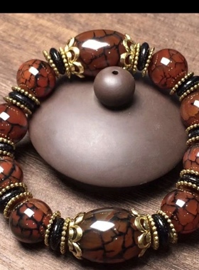 天然西藏玛瑙手链珠串手串玉手把件玛瑙冰花手链玉髓手链红色单圈