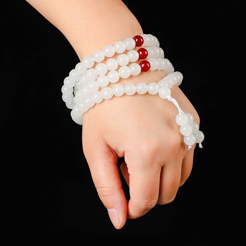 天然新疆和田白玉手链108颗玉佛珠手串 男女款玉项链绿色圆珠链子