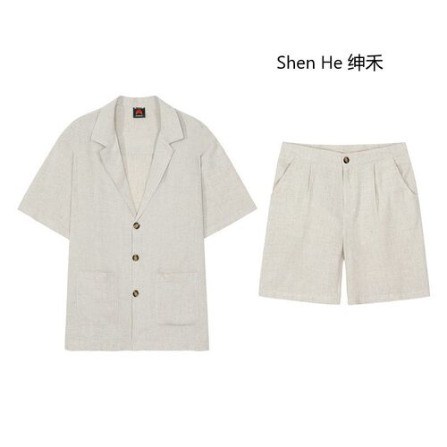 ShenHe绅禾亚麻短袖衬衫男套装麻布夏季宽松休闲棉麻料衬衣老钱风
