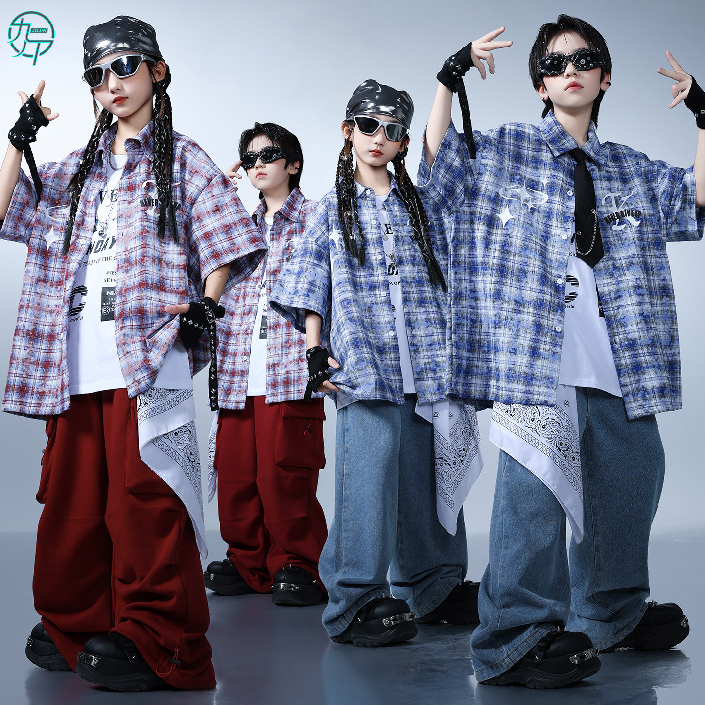 儿童潮酷格子衬衫嘻哈街舞演出服图片
