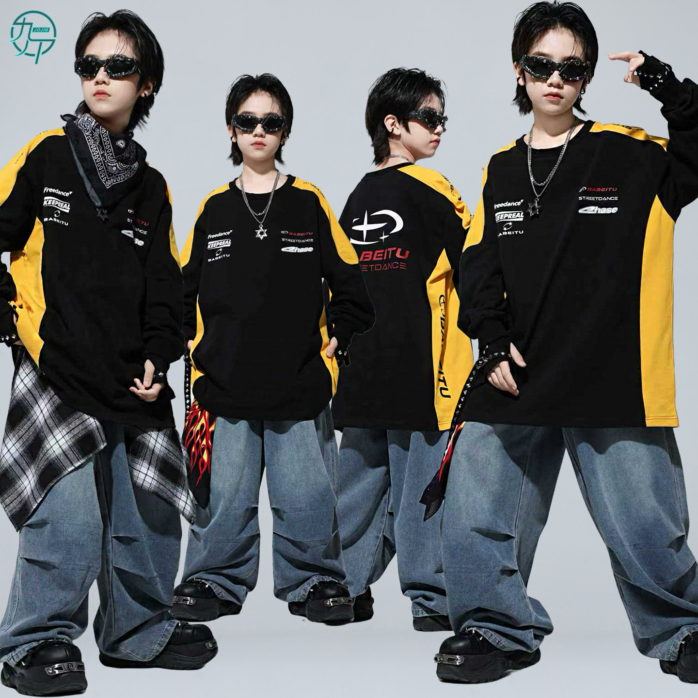 儿童拼色长袖嘻哈街舞架子鼓服装