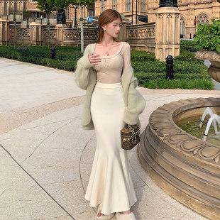 针织鱼尾裙女秋冬2025新款 加长白色包臀半身裙 温柔气质高级感修身