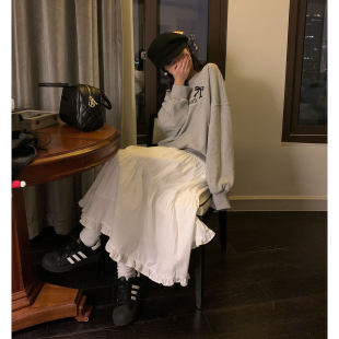 新品 三木社韩系高腰百搭荷叶边白色半身裙中长款 清新裙子2024春季