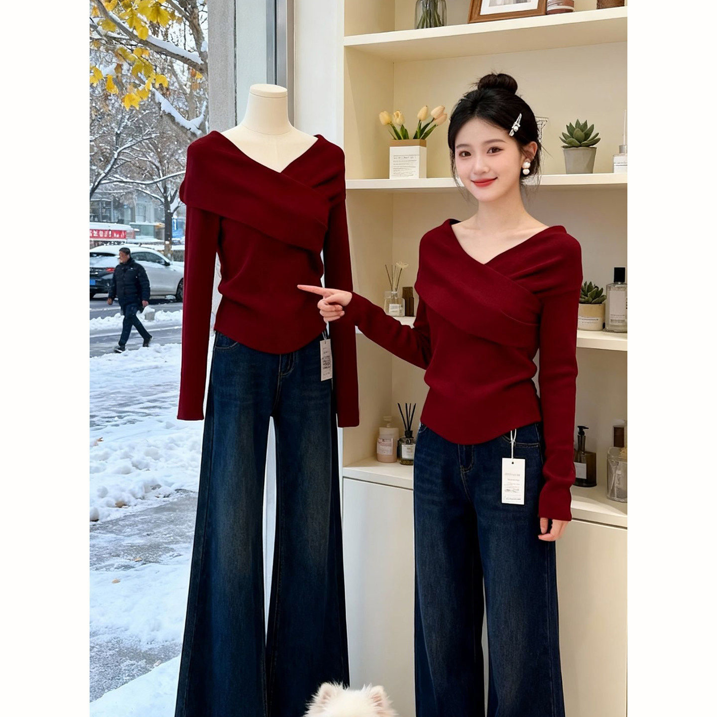 设计感交叉v领红色针织打底衫女秋冬大码胖mm显瘦独特超好看上衣