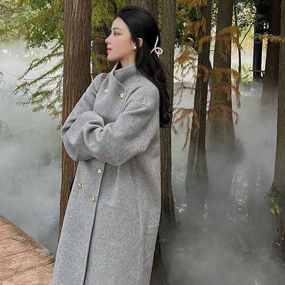 灰色羊毛双面羊绒呢子大衣女中长款2024冬季高级感毛呢外套小个子