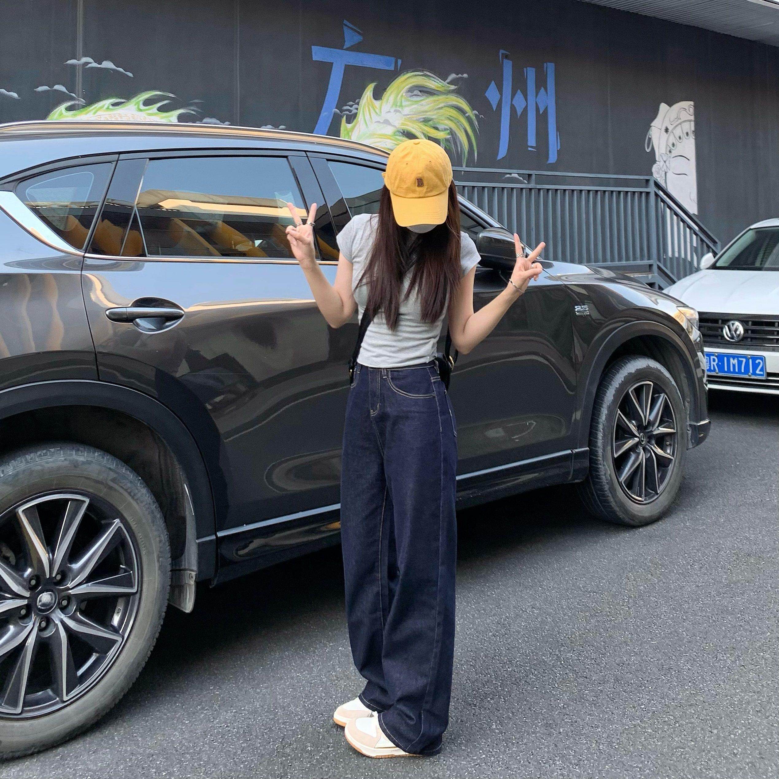 纯哥家深蓝色直筒牛仔裤女2025年春季新款高腰宽松显瘦窄版阔腿裤