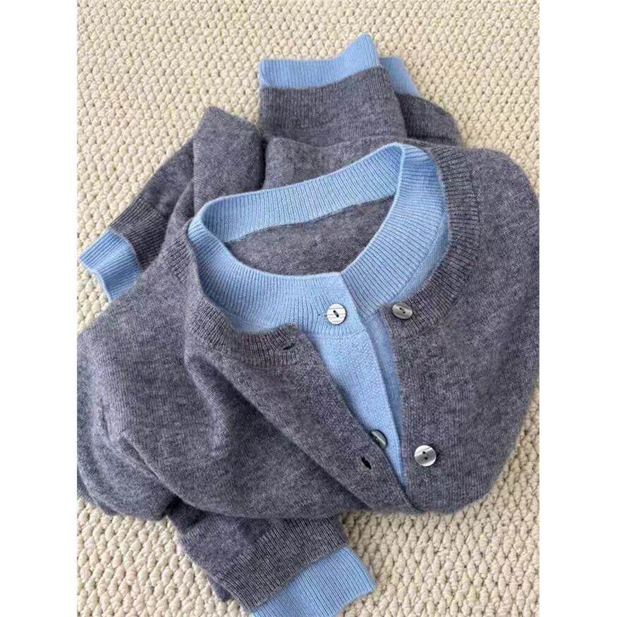 2025秋冬超好看纯羊毛针织开衫女圆领薄款毛衣外套假两件外搭上衣