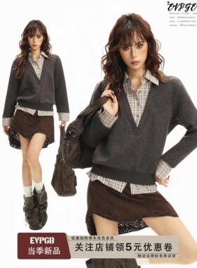 美式复古咖色正肩polo领假两件v领针织衫女冬设计感打底毛衣上衣