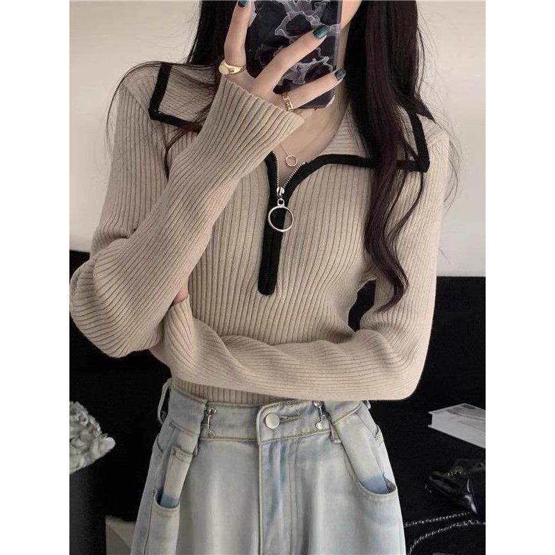 今年流行漂亮polo领毛衣秋冬打底衫女内搭洋气拉炼针织衫上衣春秋