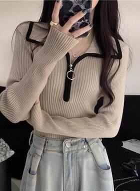 今年流行漂亮polo领毛衣秋冬打底衫女内搭洋气拉炼针织衫上衣春秋