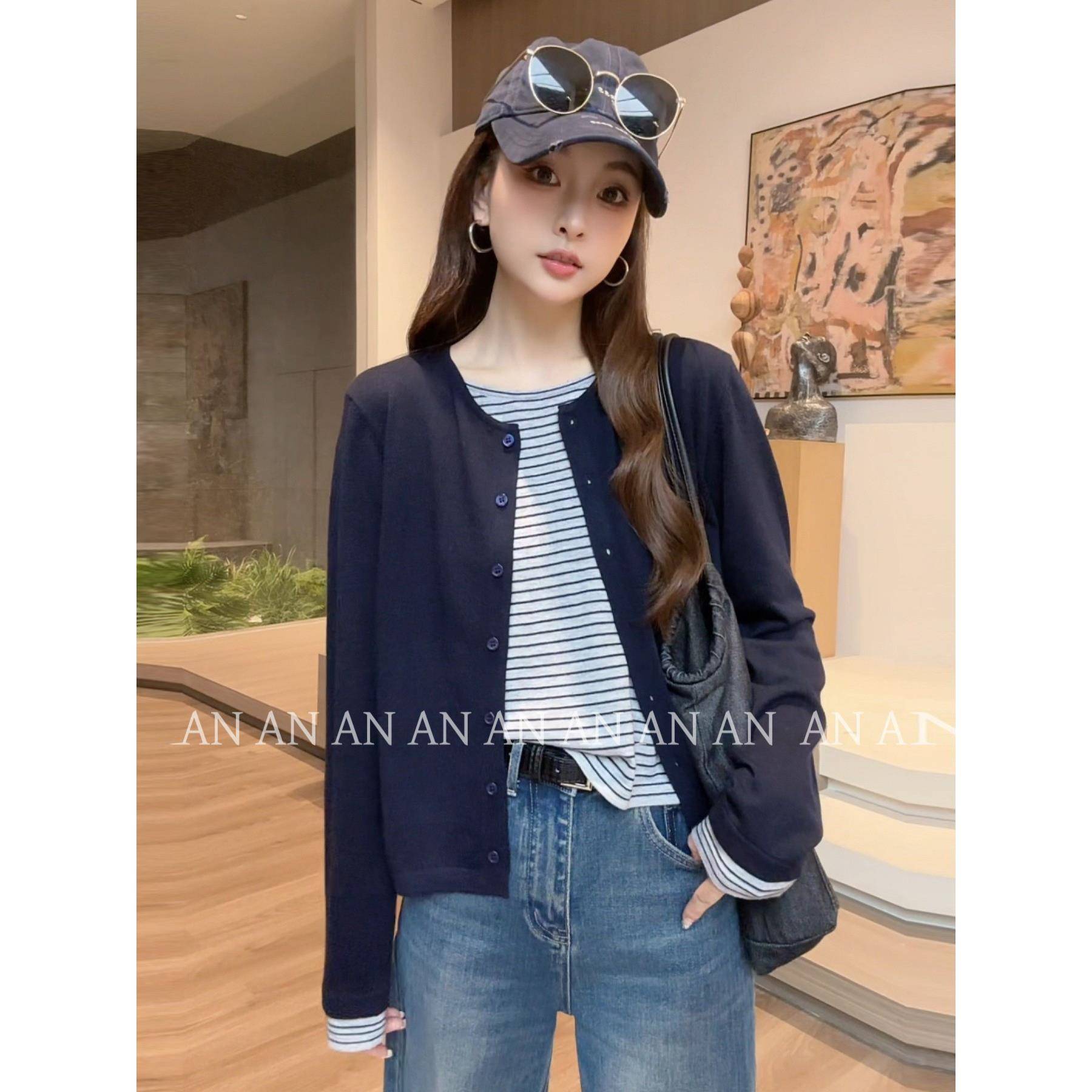 安南条纹拼接假两件圆领针织衫女2025早秋穿搭显瘦长袖开衫上衣潮