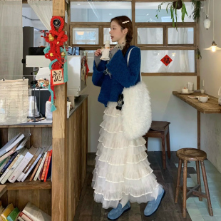 杏色a字长裙 百搭中长款 蓬蓬法式 层层蛋糕裙网纱半身裙女春夏新款