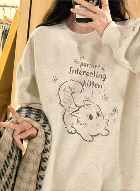 灰色女式运动衫2025新春和秋季圆领小外套设计猫时尚品牌连帽衣服