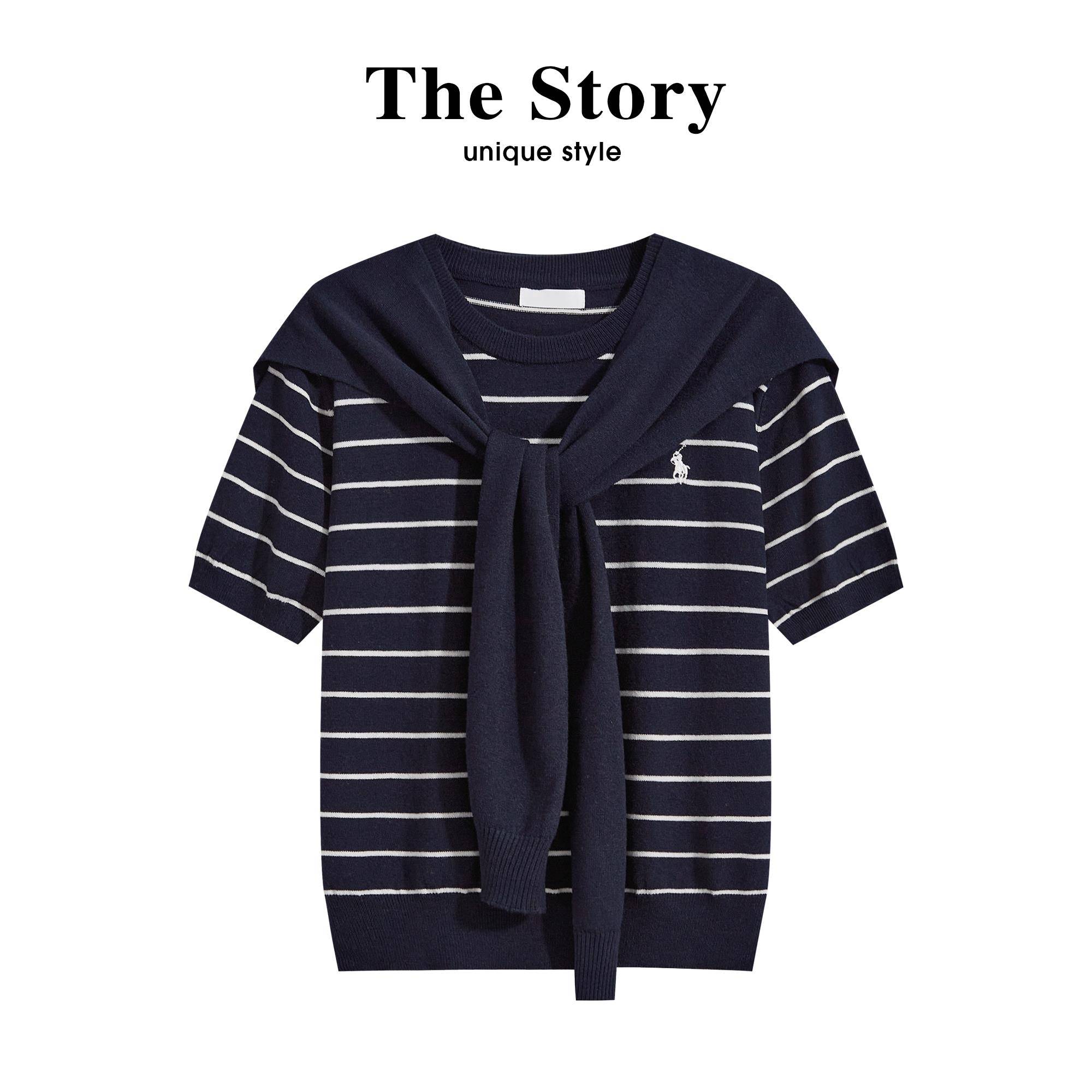 那些事衣橱韩系条纹短袖针织衫两件套女早秋新款宽松显瘦披肩上衣