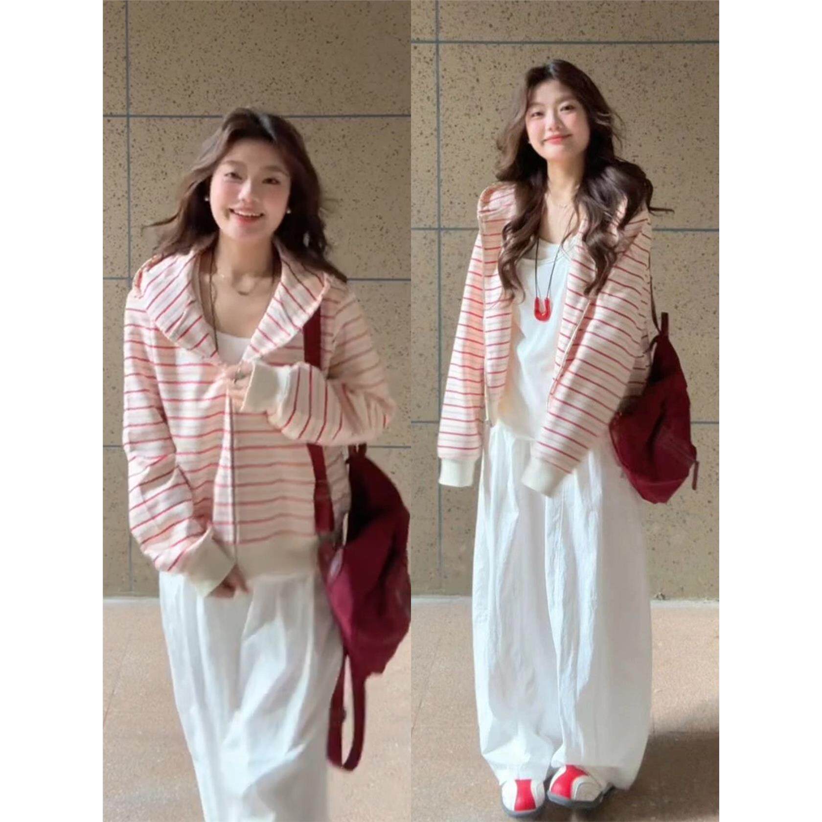 韩系巨好看早秋条纹外套女2025新款秋季设计感连帽开衫薄款上衣女