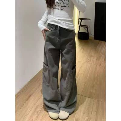 YS媛森2025美式水泥灰阔腿工装裤女春夏宽松显瘦梨型拖地牛仔裤