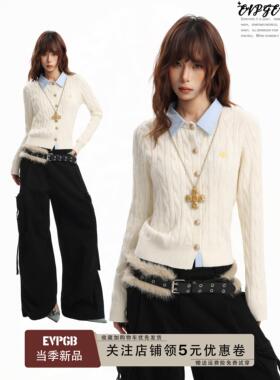 美式白色麻花polo领假两件长袖针织开衫女秋冬季修身短款毛衣上衣