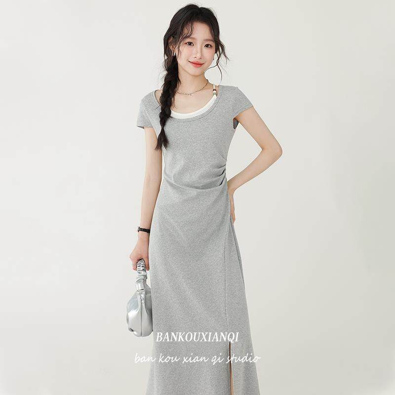 半口仙气夏季新款法式灰色短袖褶皱开叉假两件连衣裙显瘦a字裙女