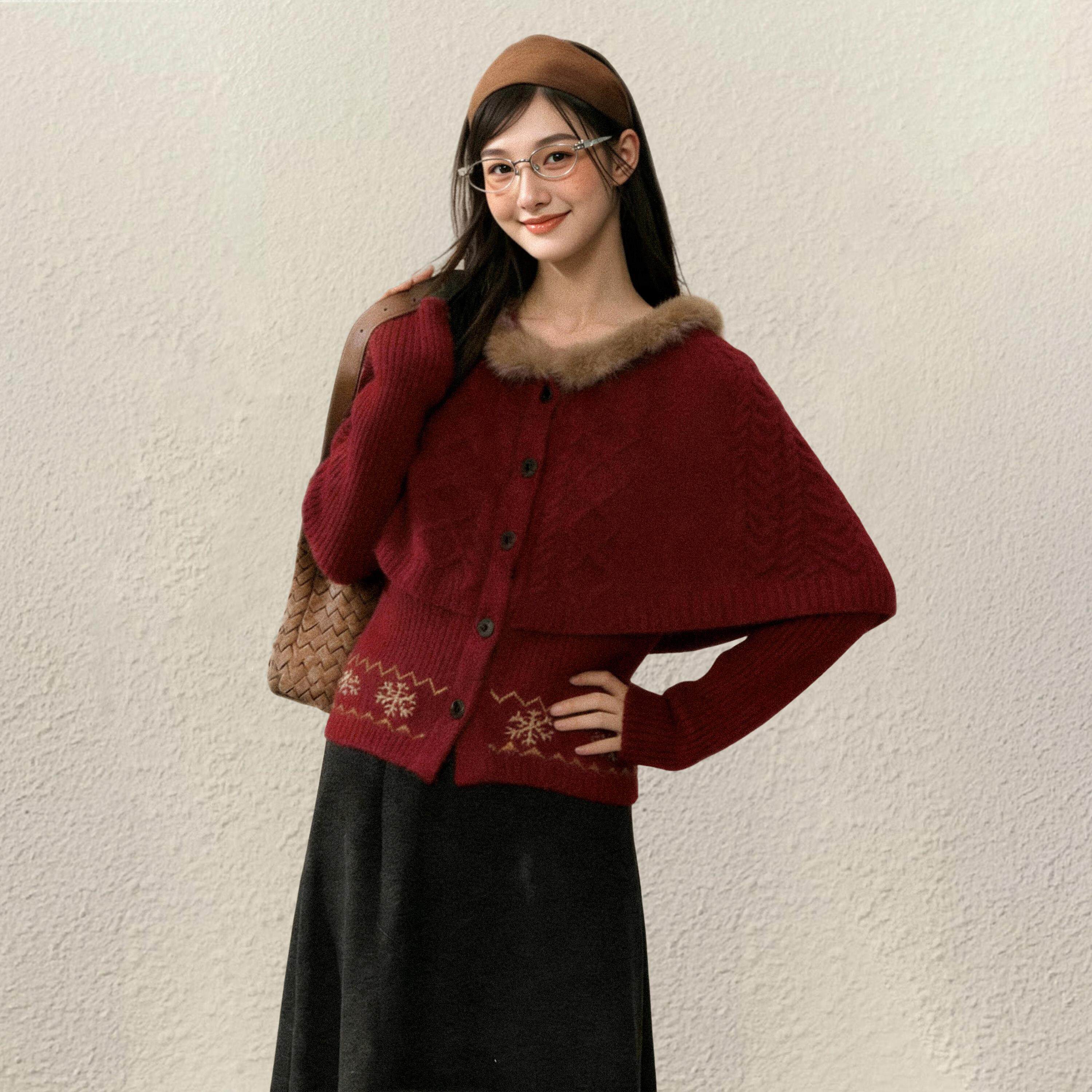 新年红色斗篷毛领连帽毛衣外套女秋春季加厚修身收腰短款针织开衫