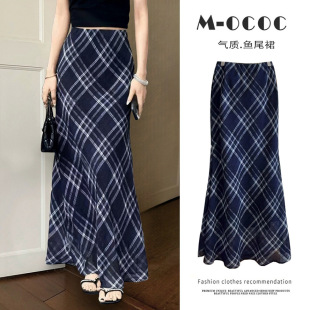 复古文艺蓝调轻薄纱质感格纹半身裙女鱼尾裙夏季 显瘦格子气质长裙