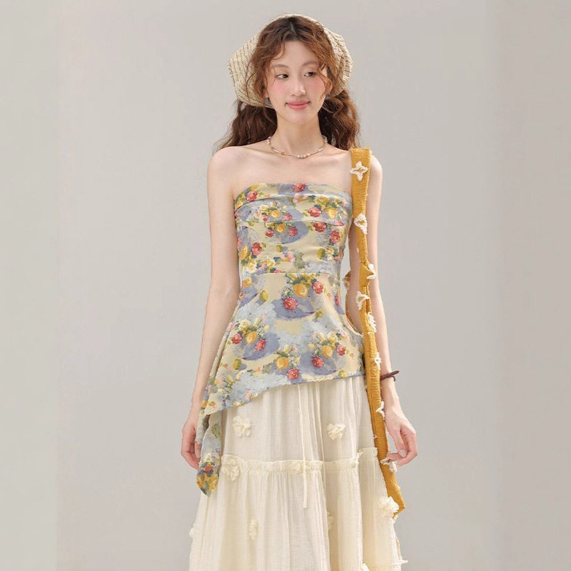 美式复古辣妹油画抹胸上衣女夏季新款修身显瘦不规则设计感短上衣