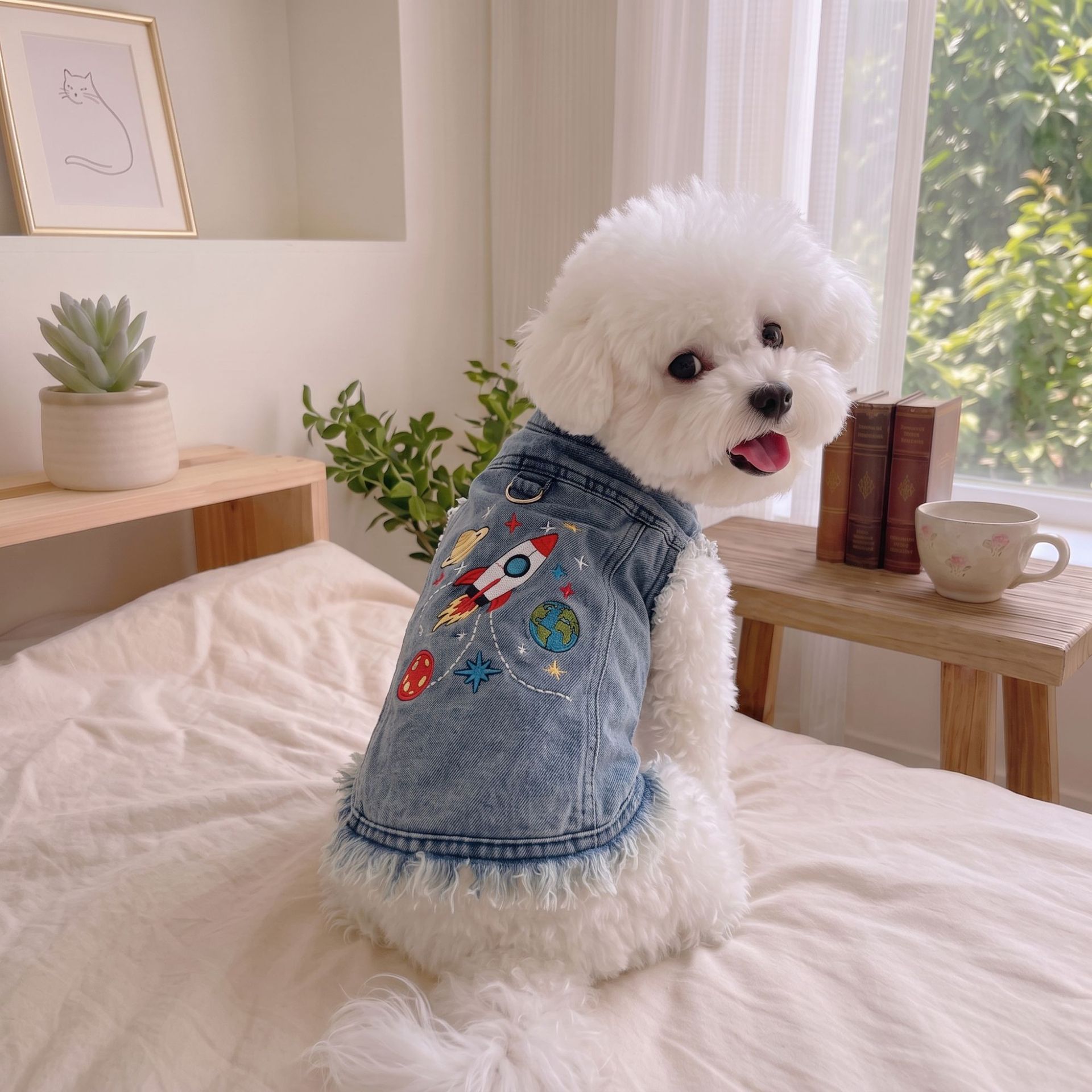 秋冬中小型犬牛仔马甲牵引D环