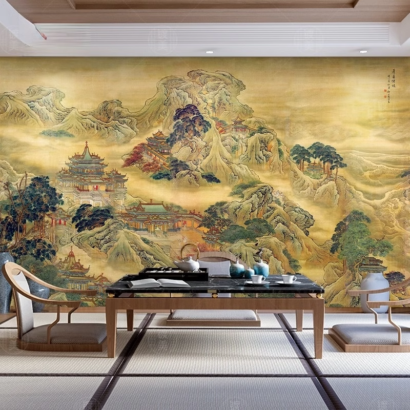 蓬莱仙境图壁纸新式国画山水画墙纸仙家堂口电视客厅装饰背景墙布 家装主材 定制壁画 原图主图