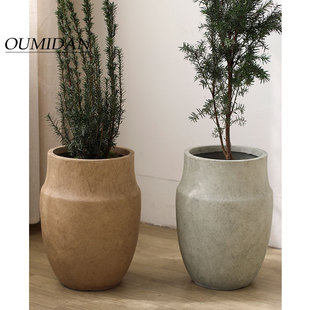 复古圆形镁泥花盆客厅酒店商场创意高款绿植大花盆花瓶北欧简约