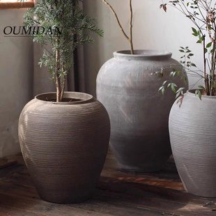仿陶罐镁泥落地花盆复古做旧花器南天竹千层木室内茶室装饰绿植盆