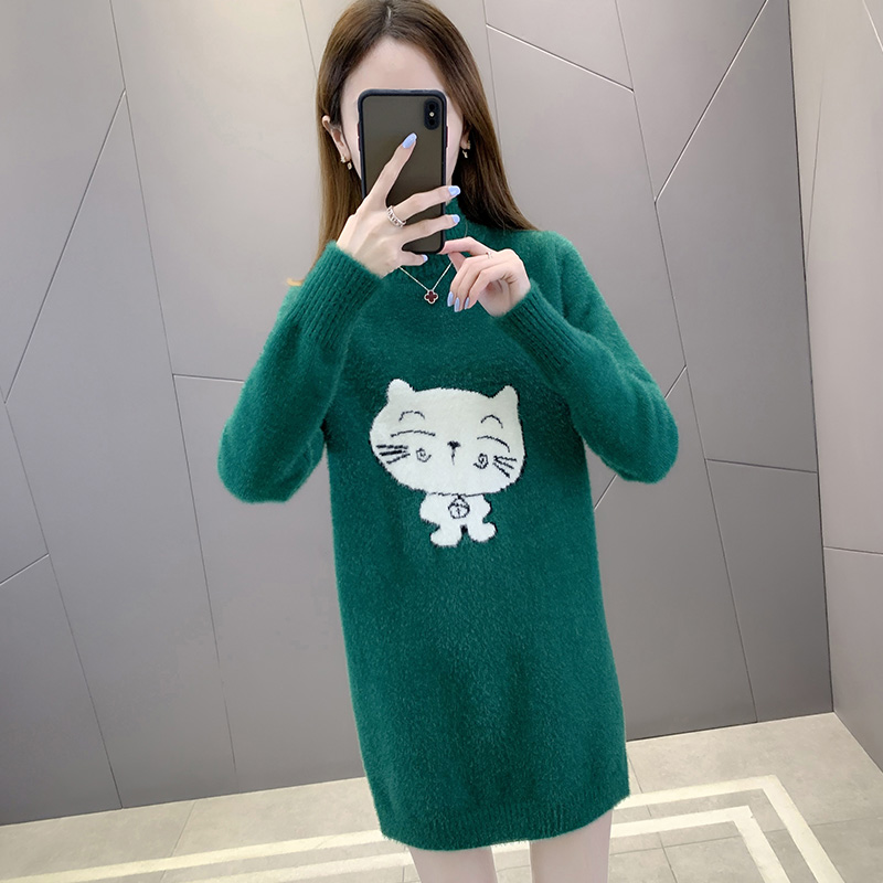 水貂绒加厚毛衣女2024新款秋冬套头宽松半高领针织衫中长款打底衫