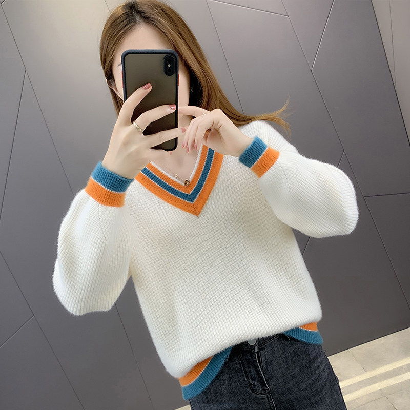 毛衣女V领2020新款宽松秋冬装短款套头针织衫打底衫外穿上衣春秋