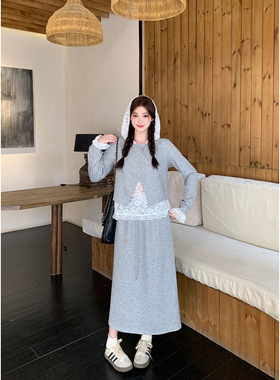 2006女装秋装新款胖mm大码女慵懒风亮闪闪拼接蕾丝上衣半身裙套装