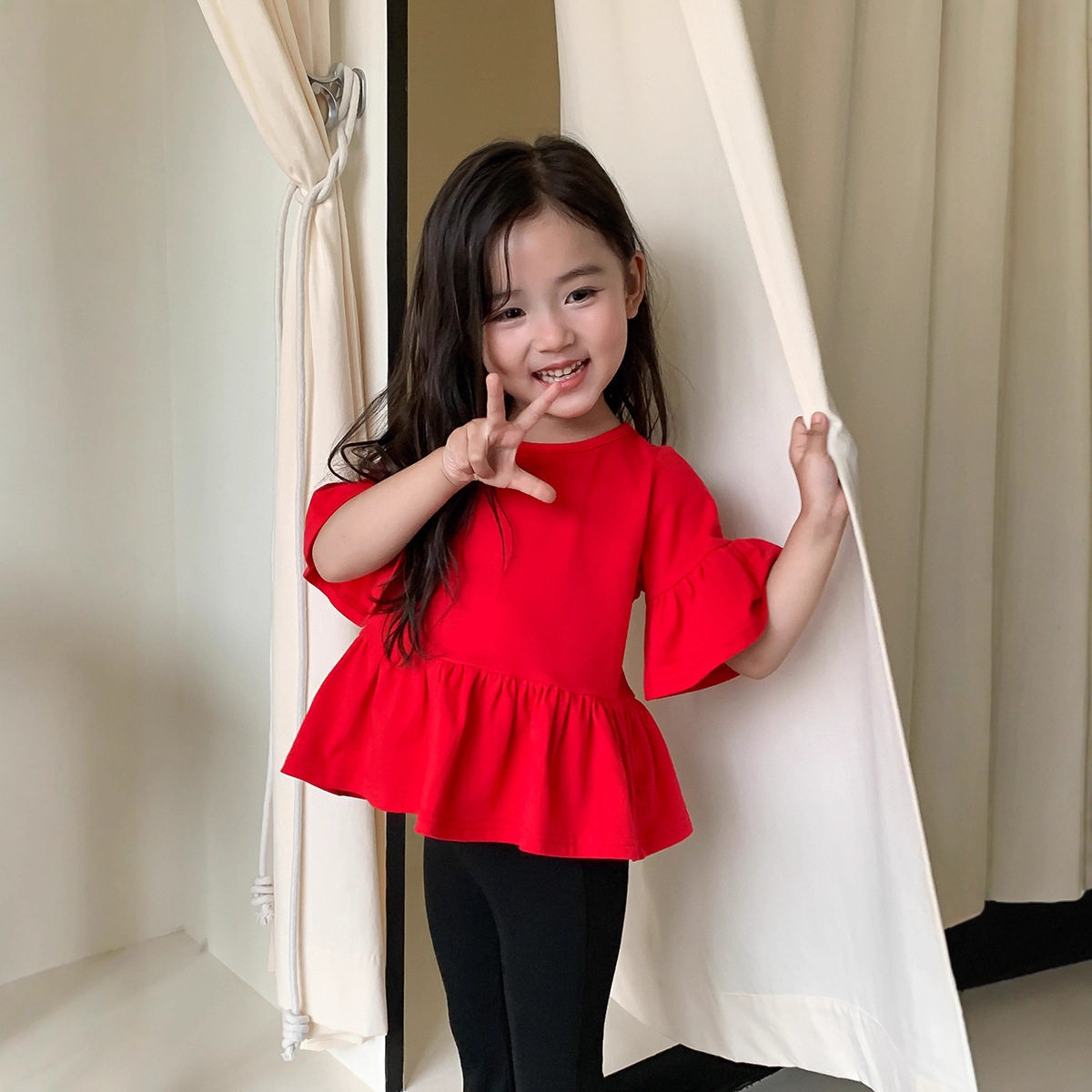 韩版童装春夏新款女童大红色喇叭中袖上衣百搭T恤厂家直销现货