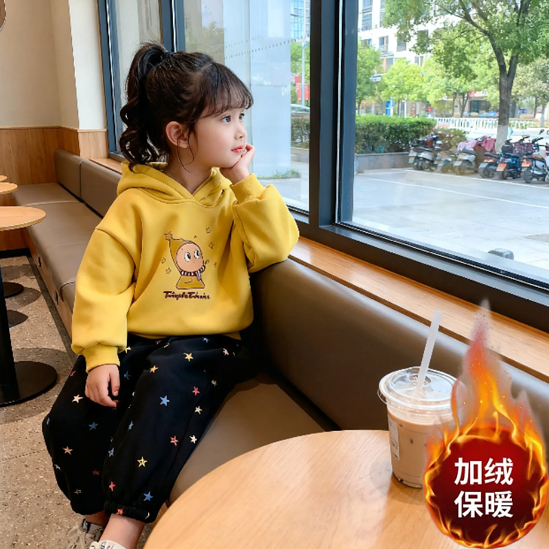 2025冬季新款黄色可爱星星套装男女儿童连帽加绒卫衣星星休闲裤