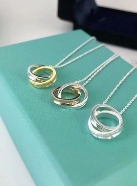 项链女锁骨链吊坠纯银家双环t情侣1837款925男网红轻奢锁蓝色珐琅