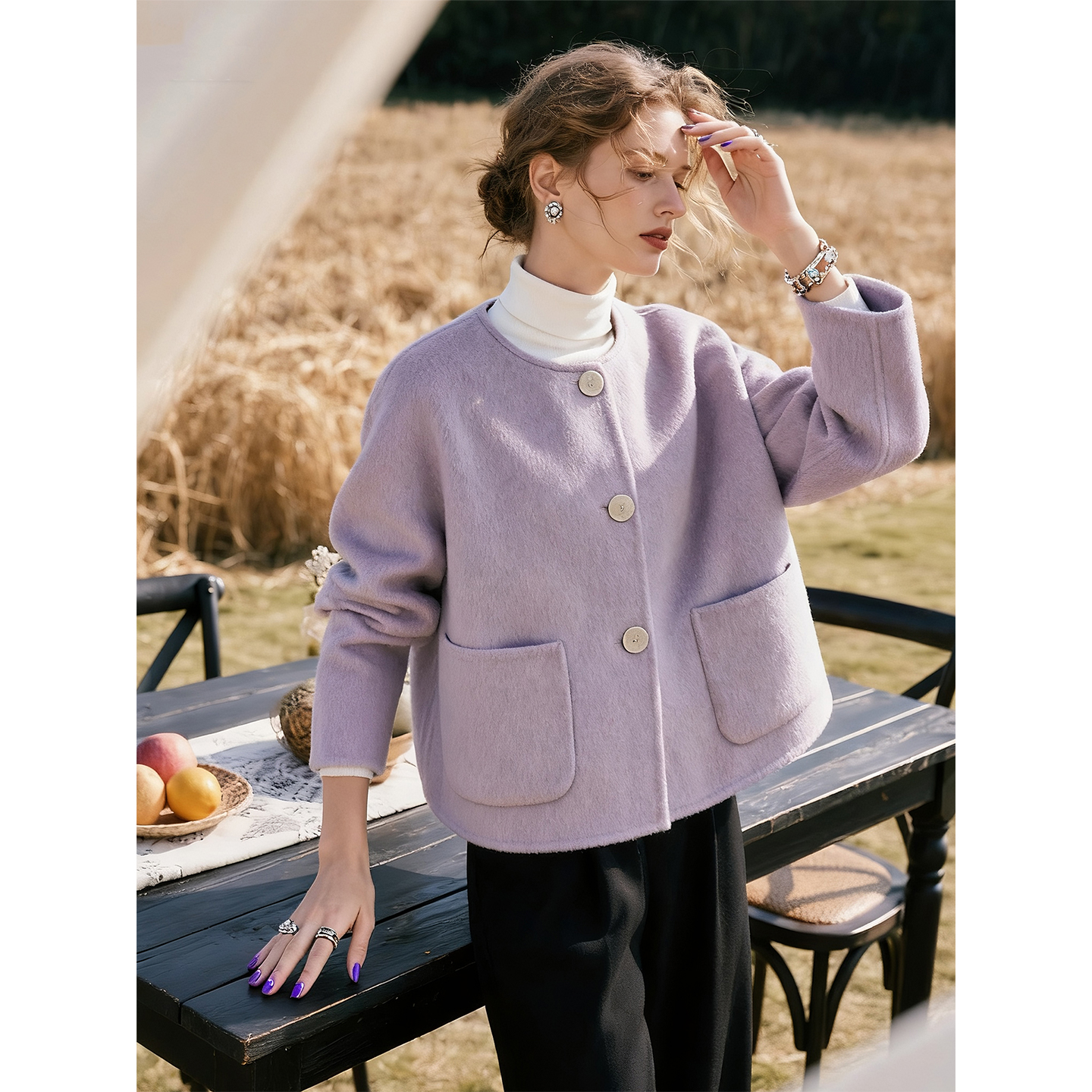 浅紫色圆领双面呢羊毛外套女2025