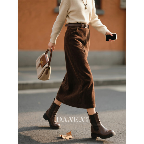 咖啡色灯芯绒高腰半身裙女2025年