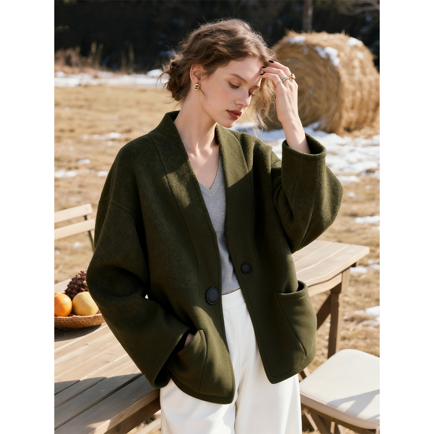 墨绿色羊毛双面呢大衣女2025