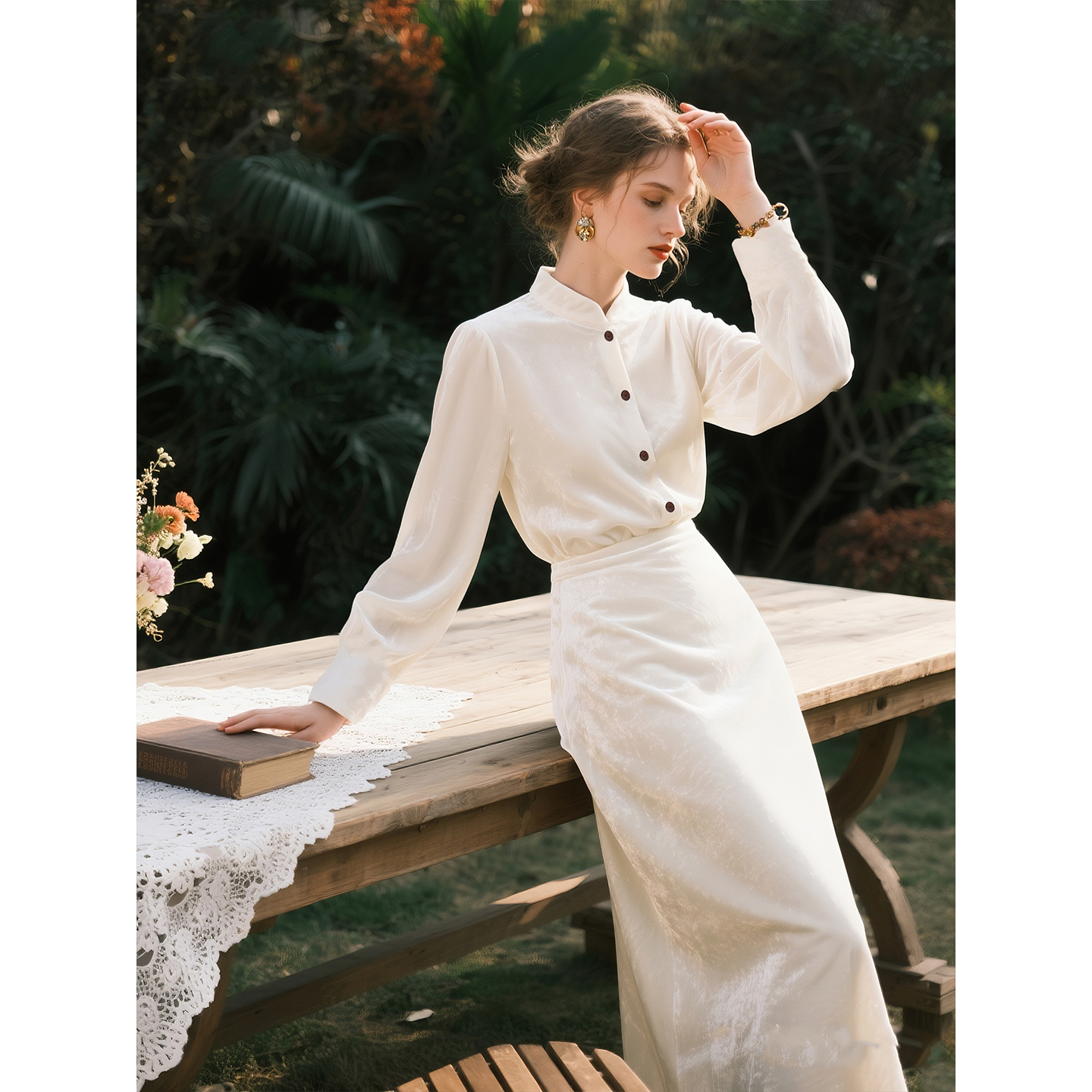 白色丝绒套装裙女2025年秋冬新款