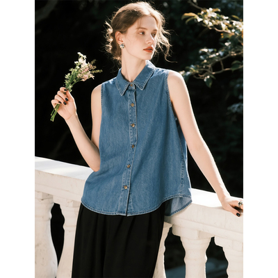 蓝色无袖牛仔衬衫女2026年夏季