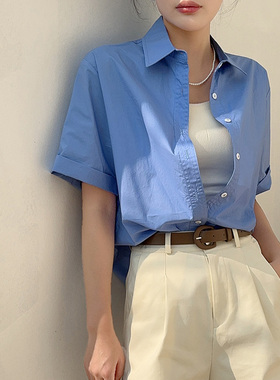 法式蓝色纯棉短袖衬衫女2026年夏季新款polo领正肩衬衣高级感上衣