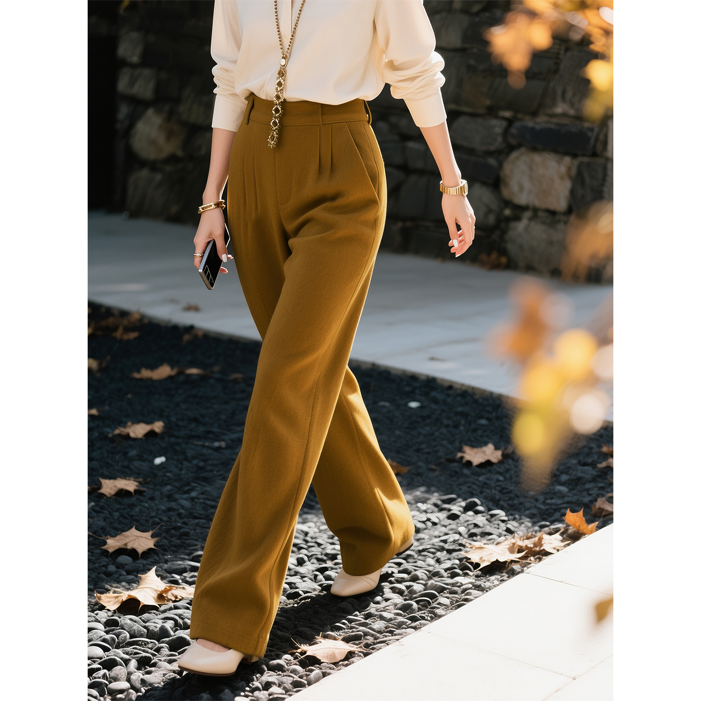 咸菜绿毛呢休闲裤女2025年秋冬