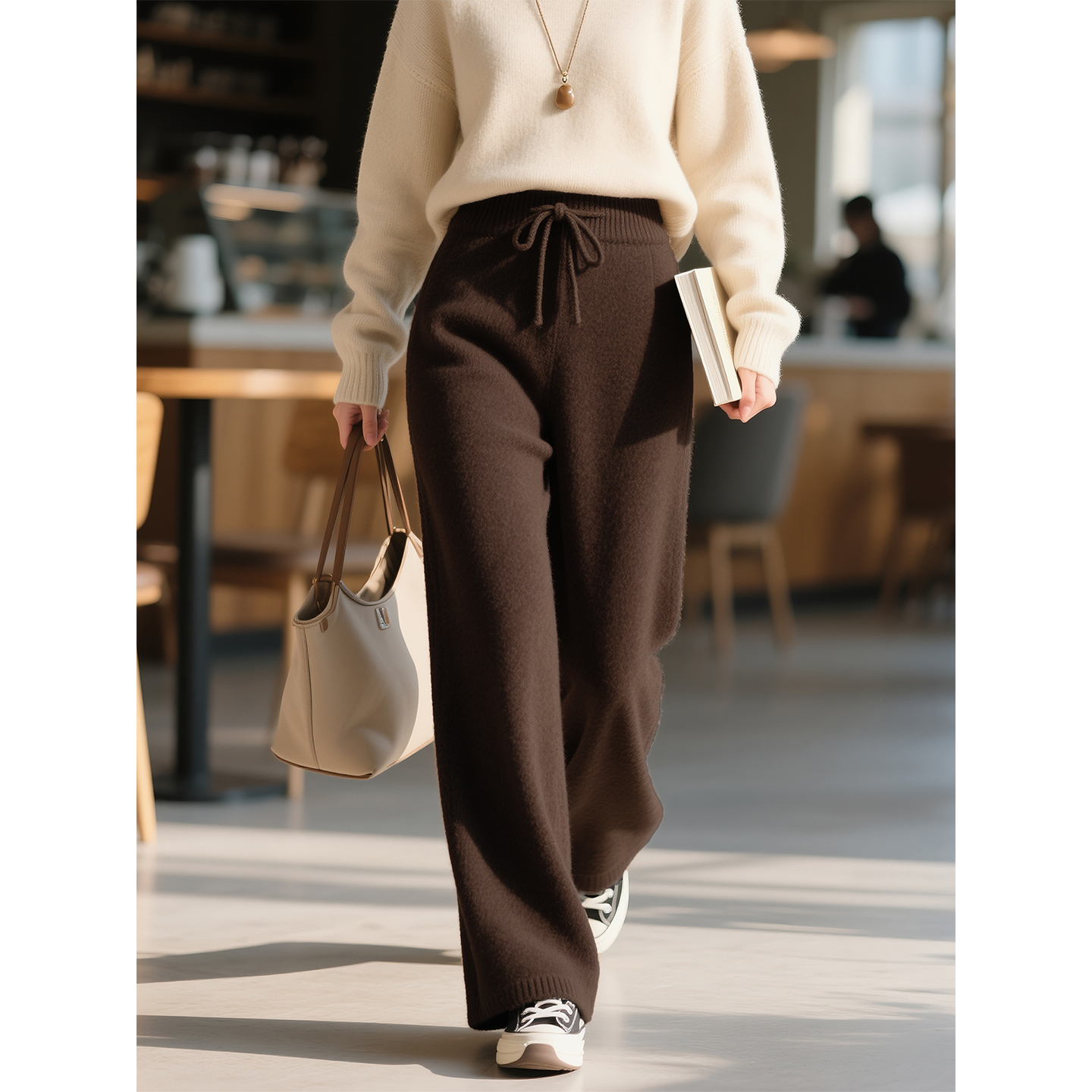咖啡色羊毛阔腿裤女2025年秋冬新
