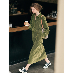衬衫 纯棉长袖 A字半身裙两件套 裙女2025年秋冬新款 绿色灯芯绒套装