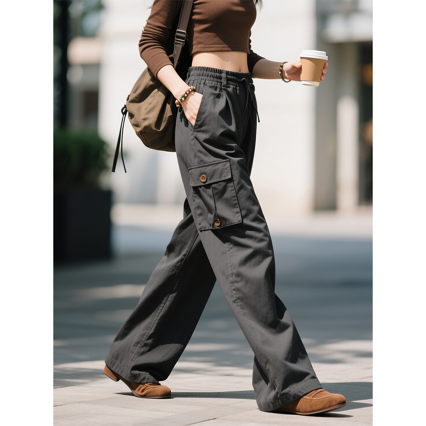 深灰色高腰阔腿裤女2026年春季新款工装风抽绳多口袋宽松显瘦长裤,女装/女士精品,休闲裤,淘宝优惠券,粉丝福利购,淘宝优惠卷